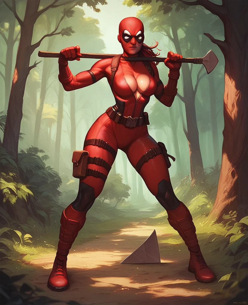score_9, score_8_up, score_7_up, score_6_up, best quality, 1girl, large hips, small waist, Lady Deadpool, busty, cleavage, Deadpool costume, in a Forrest, trees, open grave, shovel, dance pose