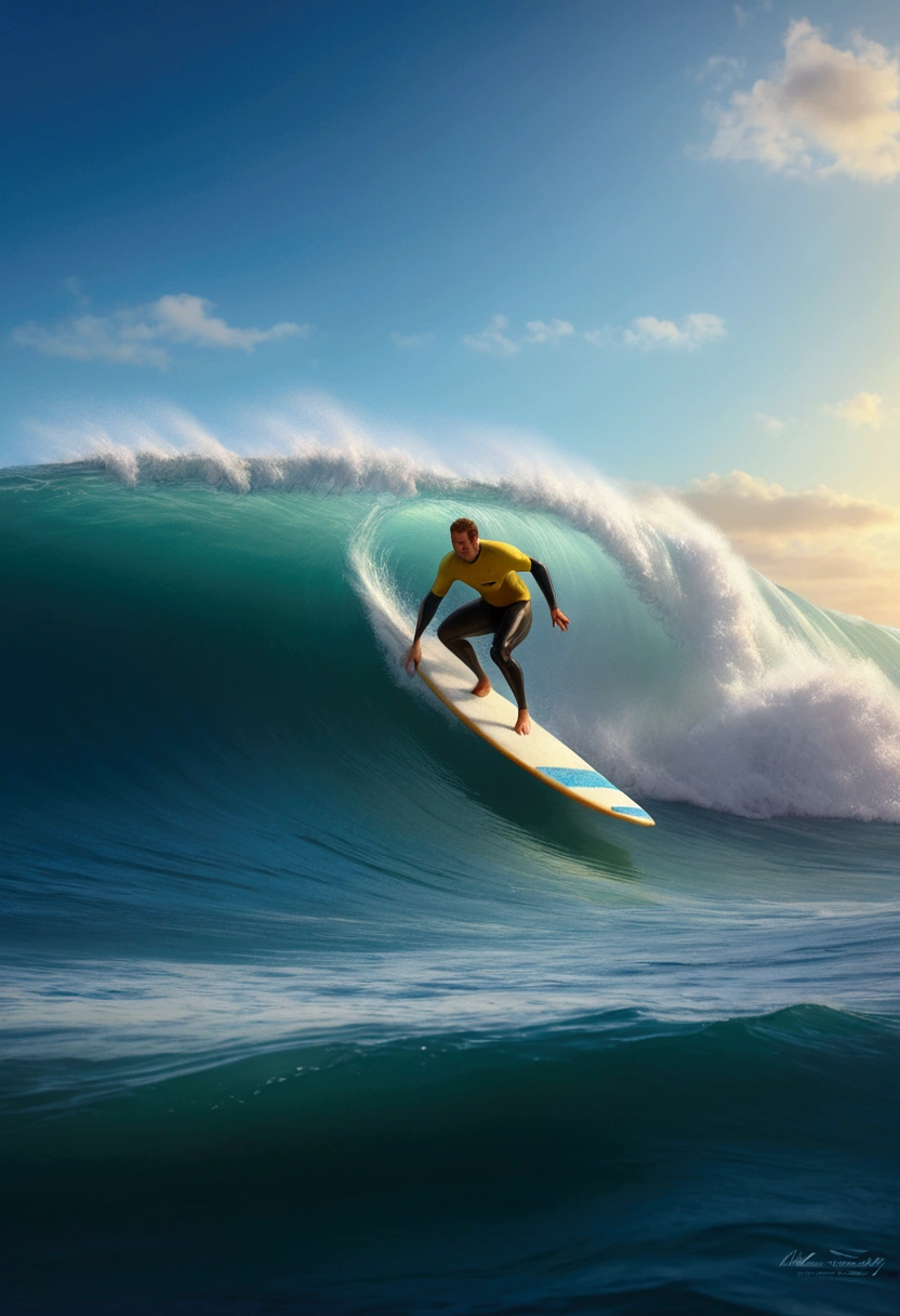 Surfing Surfer on surfboard, waves, by Edward Moran, full body, cinematic still, (best quality, masterpiece, photorealistic), very aesthetic, perfect composition, intricate details, ultra-detailed, vivid colors