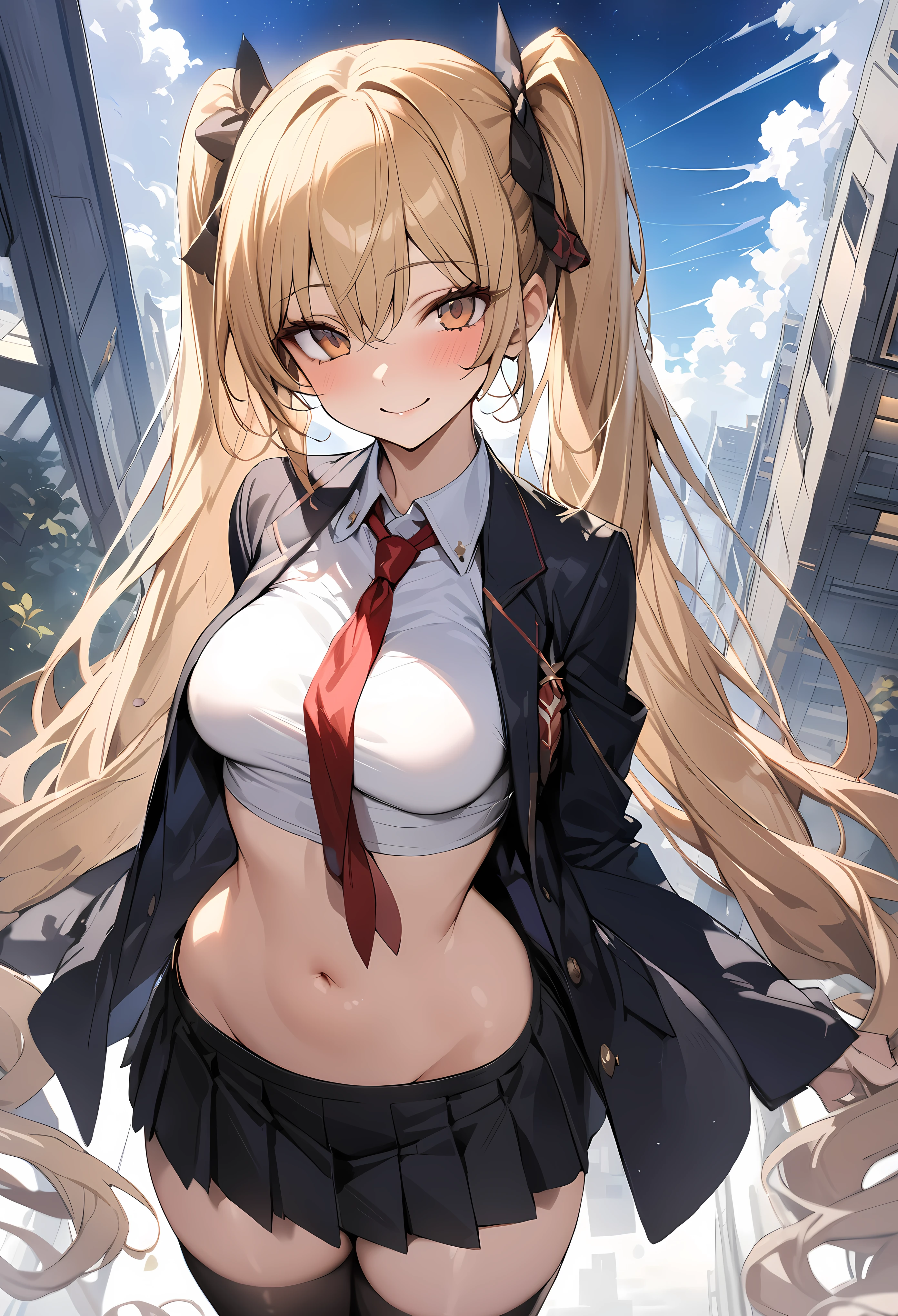 Fantasy art、((masterpiece,best quality anime,Highest quality:1.3)),cowboy shot,Mature Beauty,Female Wizard、solo,1woman,((very small head:1.3)),((ideal ratio body proportions:1.2)),blonde hair,high twin tails,straight long hair,bangs,gorgeous eyes,brown eyes,smile,(School uniform、Black blazer jacket、Red tie、Black pleated mini skirt),black_thighhighs,((slender body,skinny)),medium breasts,gleaming skin,shiny skin,fly in the sky,High-rise complex、Starry Sky、Tokyo、A modern magical fantasy world、