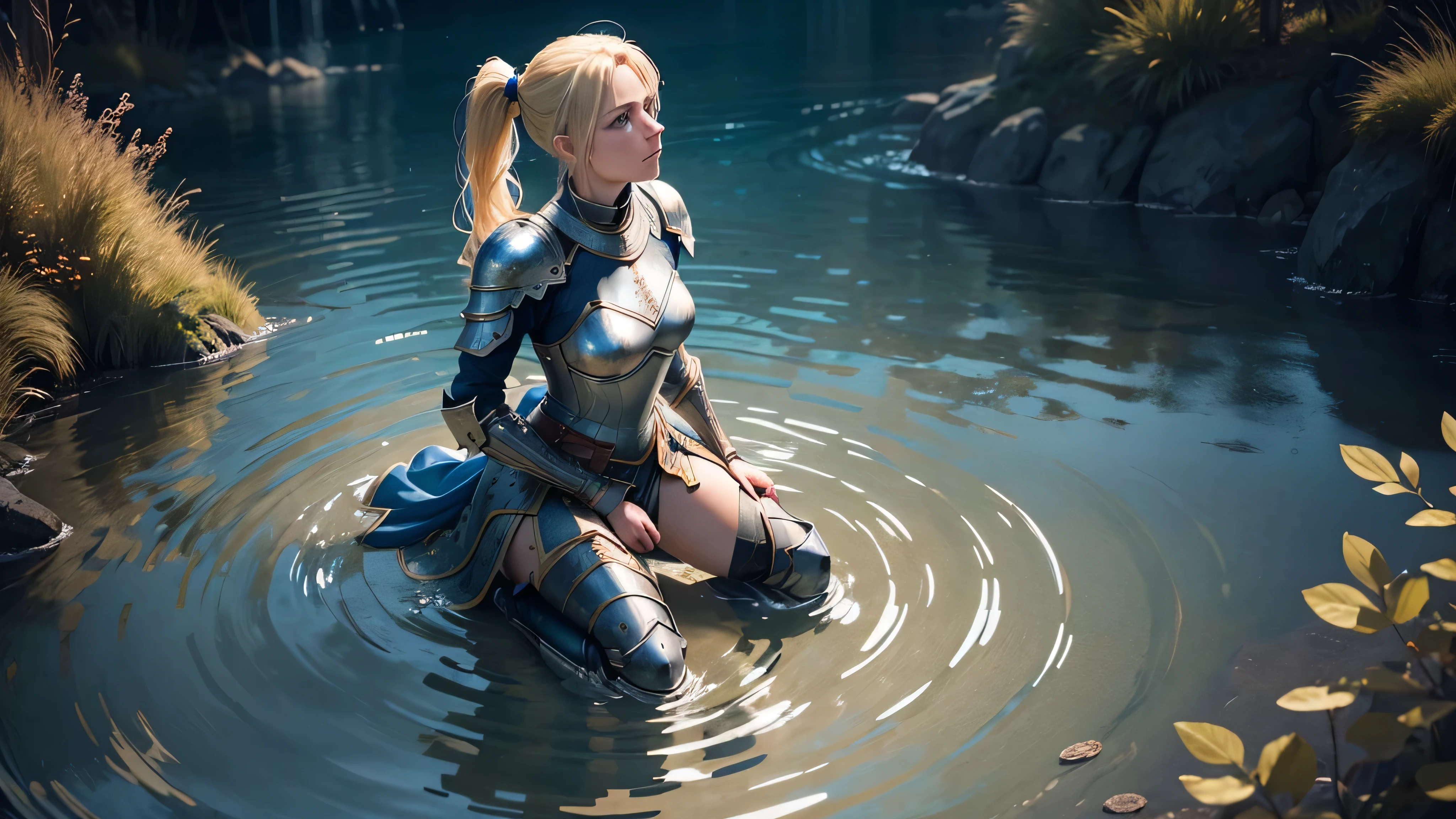 a female knight kneeling in shallow water, water ripples around her, arms raised with open hands, looking up, blonde hair in ponytail with red ribbon, blue eyes, detailed portrait, photorealistic, 8k, hyper detailed, intricate, elegant, cinematic lighting, dramatic, fantasy, epic, masterpiece