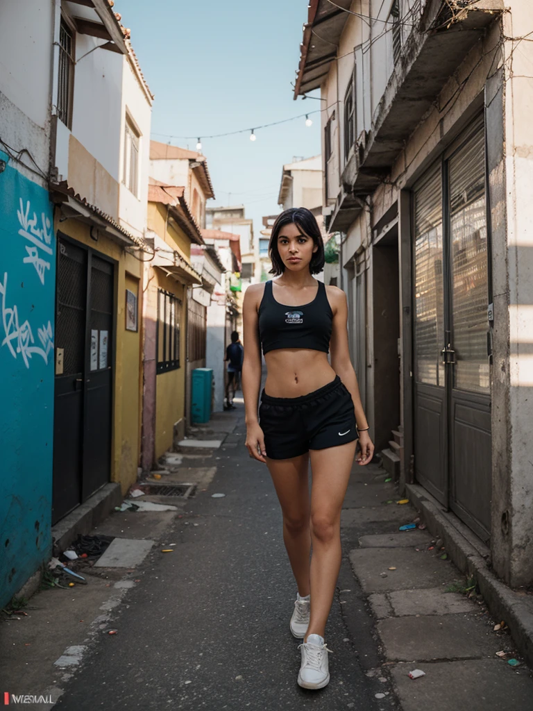Create a highly detailed and realistic portrait of a teenage hero from the suburbs of Brazil, inspired by Marvel superhero aesthetics. The character is a 17-year-old young man with a strong, athletic build and an expressive, determined face. He has dark brown eyes and short black hair with a military cut.. Her attire is Brazilian street style, incorporating strong colors, elegant designs and symbolic patterns that reflect your cultural heritage. Wear black shorts, white tank top and sneakers. He doesn&#39;t wear chains or bags.

The setting is a dynamic and modern favela in Rio de Janeiro, bustling with activity and bright colors. The scene features narrow streets lined with colorful houses, graffiti character art and hanging clothes, capturing the essence of the favela environment. Bright natural lighting from the sun creates a warm glow, with sunlight filtering through the narrow alleys. Neon details on street signs and small businesses add a touch of contemporary urban style.

Capture the image in 4K resolution using a high-quality cinematic lens to highlight depth, Texture and details. The style should mix photographic realism with superhero illustration, using rich, saturated colors to bring the character and setting to life. Emphasize the contrast between the gritty urban setting and the character&#39;s vibrant, heroic appearance, creating a visually striking and engaging portrait. 