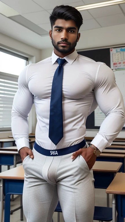 18 years old indian school boy with small beard mascular dark skin jaat with spiky hairstyle in , head to thighs, indian school boy, beautiful eyes, large lips, volumeric light, wearing opened white shirt with tight-fitting underwear and navy tie , huge bulge, muscular chest, long legs, left neck look, Wide shoulders, nice detailed hands, standing in school classroom wirh spread legs background, sunny day, daylight, His perfect( big huge penis) is (coming out) of his pant,masterpieces