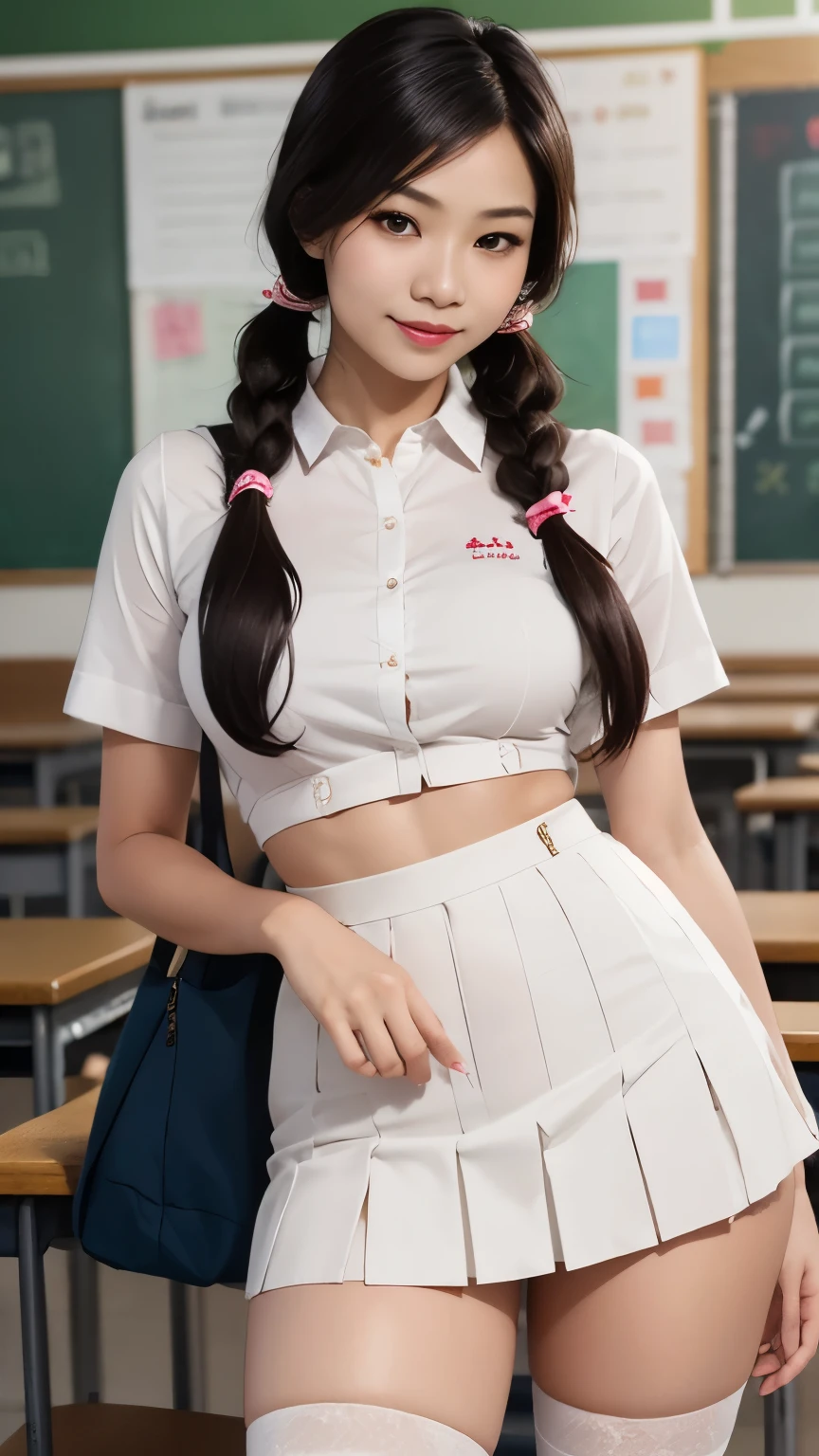 Lace, MALAY GIRL, masterpiece, High quality, UHD 32K, Realistic face, Realistic skin feeling , A Japanese Lady, Very cute face, CUTE GIRL, school, classroom, twintails, white school shirt, pleated miniskirt, thigh socks