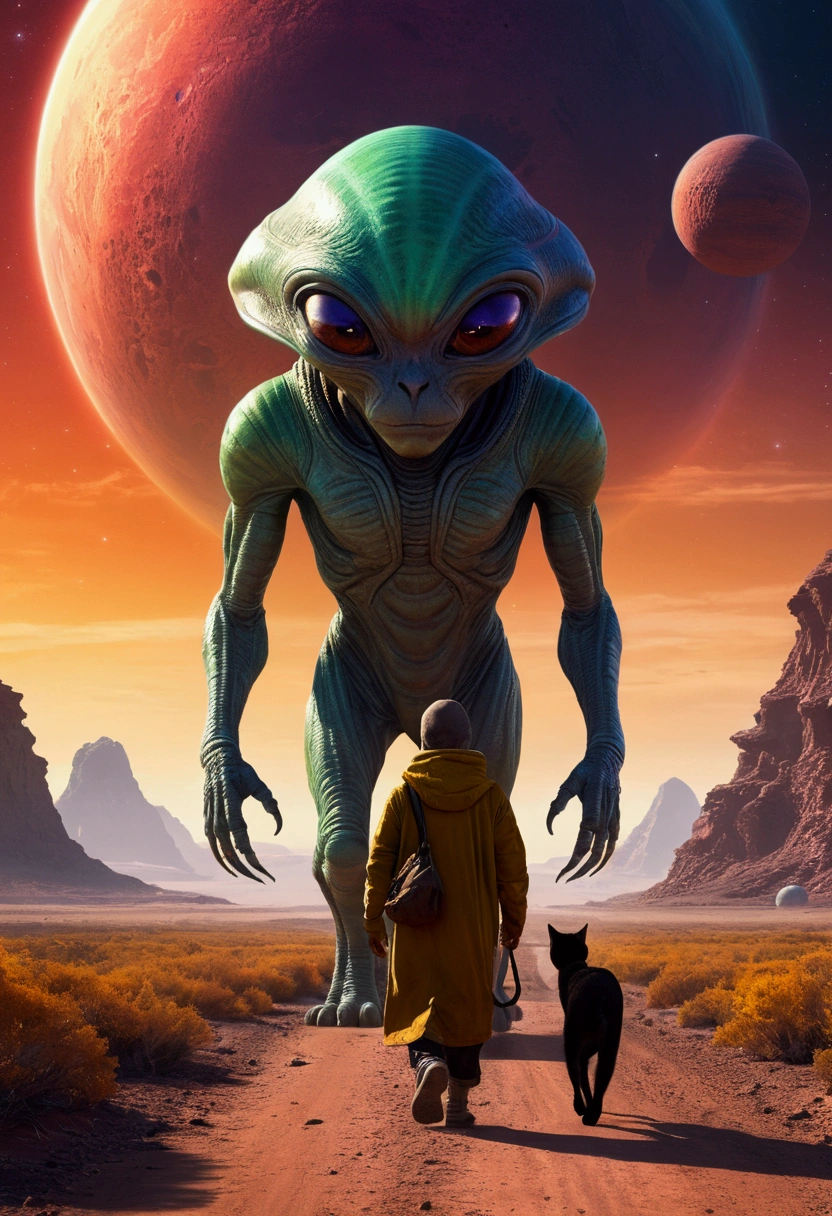Big Alien, walks with cat, alien planet