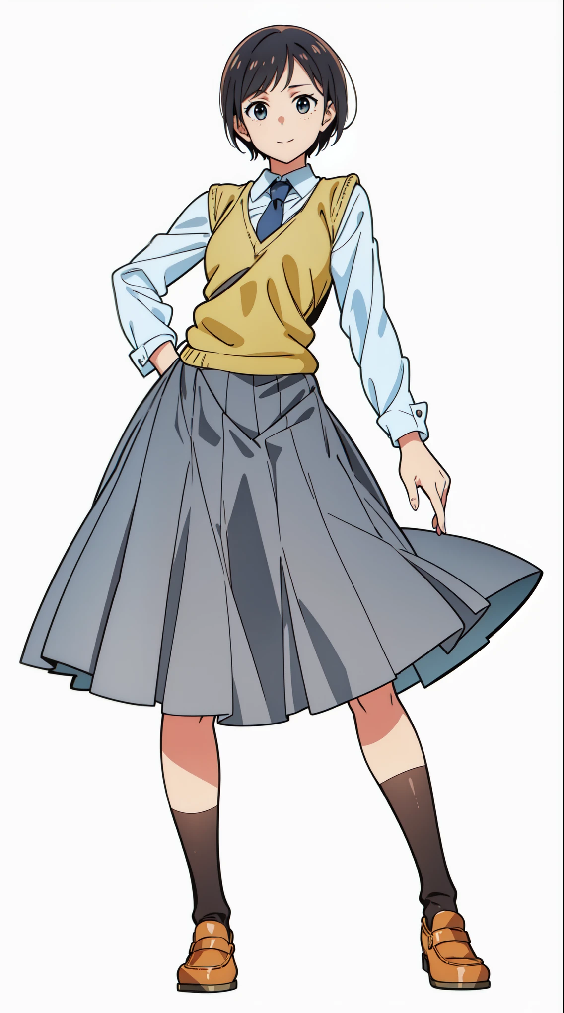 (white background:1.0), (best quality:1.0), (masterpiece:1.0), (super fine illustration:1.0), (beautiful artwork:1.0), (anime screencap:1.0), (official art:1.0), (solo:1.0), (a 20yo cute girl:1.0), (long skirt:1.0), (gray skirt:1.0), (pleated skirt:1.0), (khaki knit vest:1.0), (white long sleeve collared shirt:1.0), (dark blue necktie:1.0), (loafers:1.0), (black socks:1.0), (ideal ratio body proportions:1.0), (lanky:1.0), (tall:1.0), (slender:1.0), (small breasts:1.0), (smaller face:1.0), (freckles:1.0), (cheerful:1.0), (detailed beautiful eyes:1.0), (detailed beautiful face:1.0), (glowing black eyes:1.0), (very short hair:1.0), (swept bangs:1.0), (black hair:1.0), (standing:1.0), (looking at viewer:1.0)