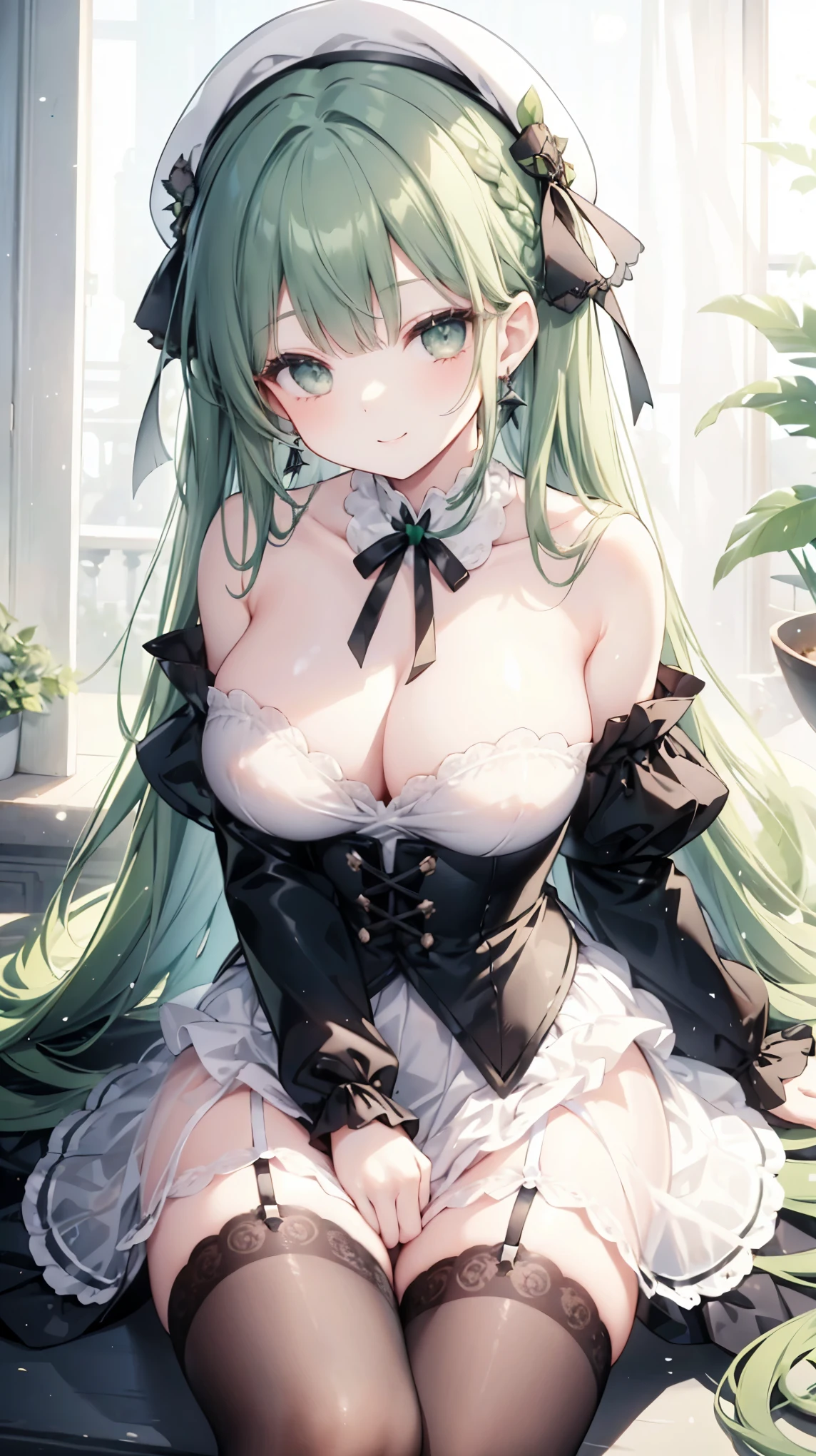 Thick dark green hair、Dark green long hair、Straight bangs、Braid、White Beret、hair ornaments、Drooping eyes、Silver Eyes、smile、earrings、Shoulder Bare、Big Breasts、ribbon、White clothes、See-through、skirt、Black tights、Black garter belt、sit、Italy