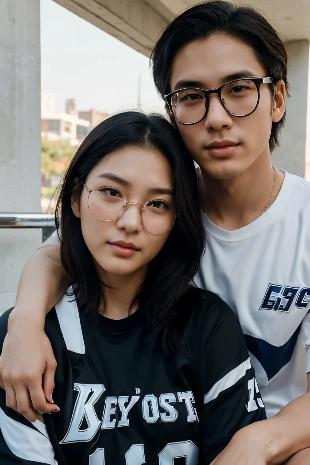 (In best quality, ultra-detailed: 1.2), Korean couple, capturing the essence of youthful love, The handsome boyfriend, with black hair slicked back and glasses perched on the bridge of his nose, showcases his striking brown eyes that sparkle with genuine affection. He dons a basketball jersey, the number 23 emblazoned on the back, symbolizing his athletic prowess and passion for the game.

His beloved, the radiant girlfriend, boasts black long hair cascading down her shoulders, the texture as smooth as silk. Her flawless skin glows with a natural radiance, complemented by minimal makeup that accentuates her beauty