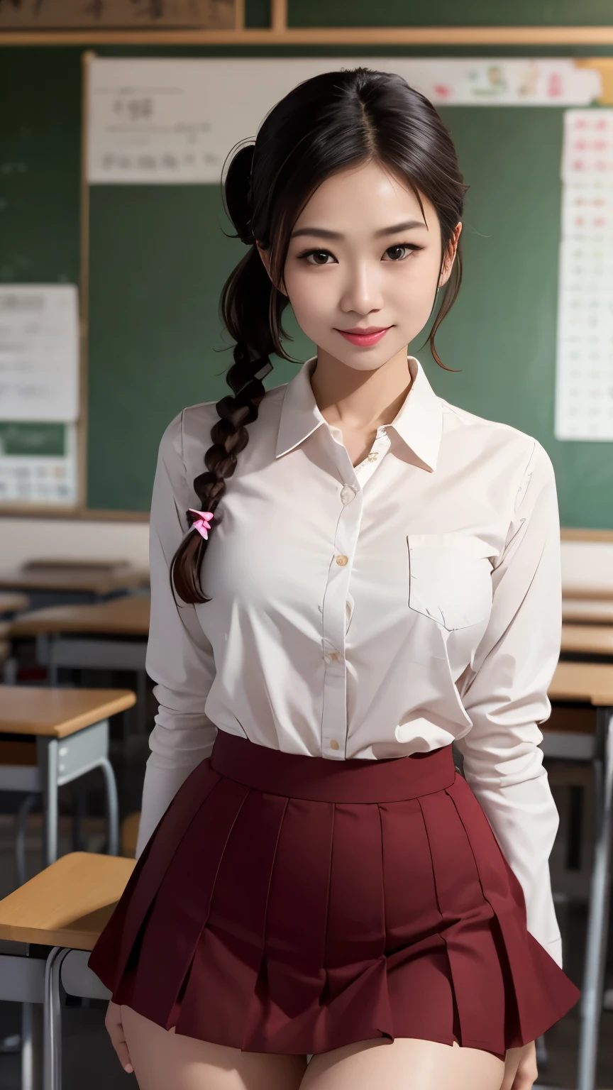 Lace, MALAY GIRL, masterpiece, High quality, UHD 32K, Realistic face, Realistic skin feeling , A Japanese Lady, Very cute face, CUTE GIRL, school, classroom, pigtails, white school shirt, pleated miniskirt, thigh socks