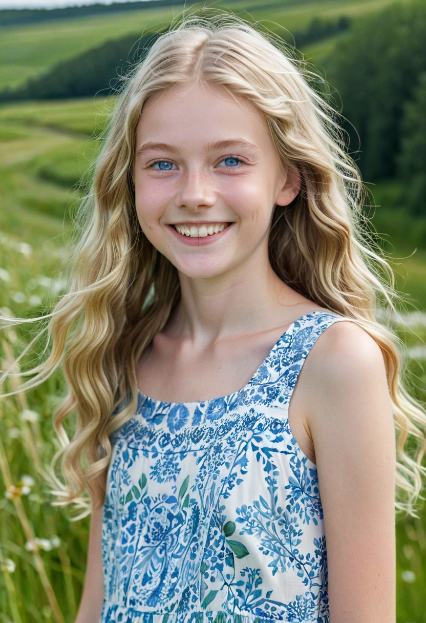 a beautiful skinny teenager, 13 years old, Danish, pale skin, big smile, blue eyes, long wavy light blond hair, thin face, natural makeup, wearing a light summer dress, hyperdetailed photography, soft light, outdoor, Danish landscape, nordic light, summer