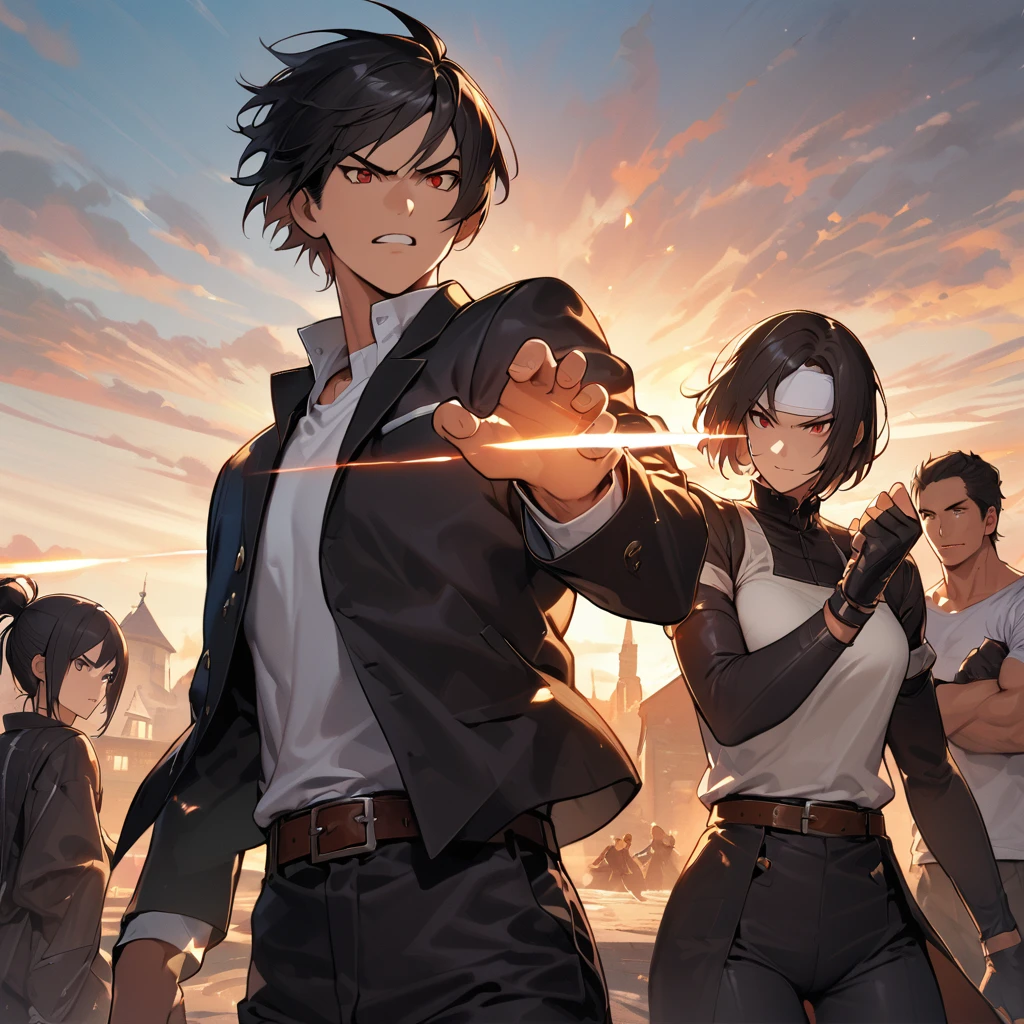 masterpiece, 2 people, ツーshot, Highest quality, 8k, Men and women fighting, Action pose, Fight Scene: 1. 5,(kyo kusanagi), Man has black skin、Red eyes、One person、((White headband))ツーshot、Black jacket(Roll up your sleeves)、Fingerless gloves、Black Hair、White T-shirt、Black trousers、White shoes、Brown belt、((A fighting woman with the same outfit and hairstyle as Kyo Kusanagi))、 boyish, good looking, shot, Charming, masterpiece, High resolution, Detailed face, Fine grain, morning, A confident smile, Man and woman fighting with chateau winery in the background, Men and women with the same hairstyle and clothes, Angry expression, : 1. Attack Speed 5, Fast Attack, Angry expression, Angry face