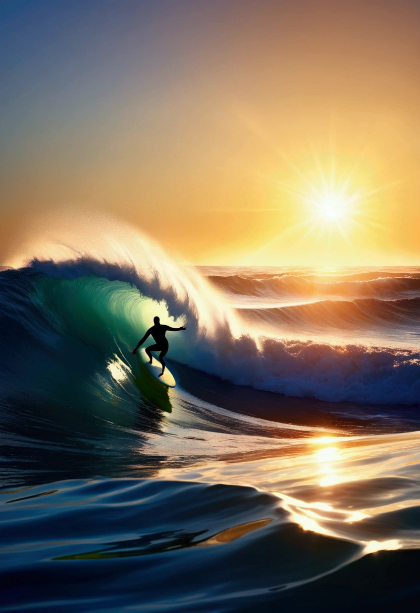 Surfing Surfer on surfboard, high waves, sunlight, by Josh Adamski, full body, cinematic still, (best quality, masterpiece, photorealistic), very aesthetic, perfect composition, intricate details, ultra-detailed, vivid colors