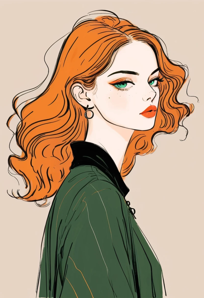 Fashion Design Sketch：Illustration of lady, in style of Digital Illustration, Trending on artstration,Solitary , Digital drawing, Portrait of Loepfe,  Fine Hair, Black Lines，Illustration style, Digital Illustration, Color Sketch, watercolor Illustration style,