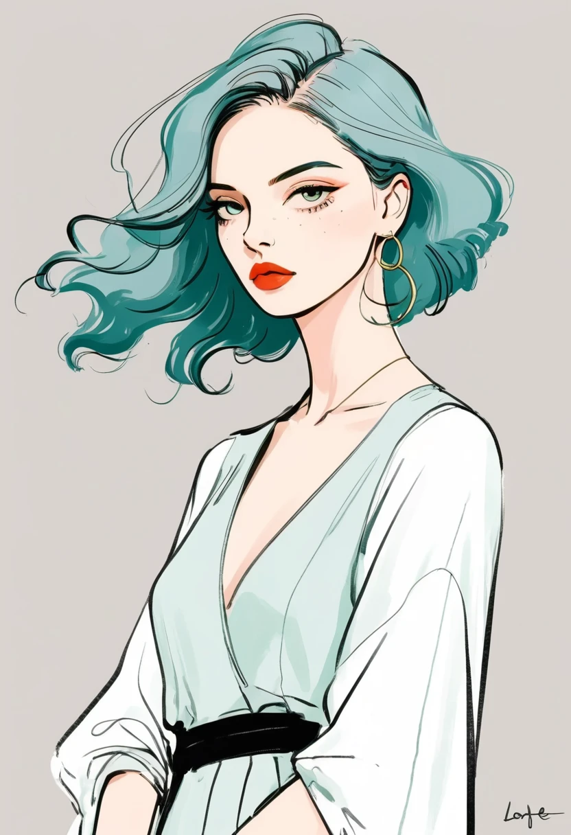 Fashion Design Sketch:Illustration of lady, in style of Digital Illustration, Trending on artstration,Solitary , Digital drawing, Portrait of Loepfe, Fine Hair, Black Lines,Illustration style, Digital Illustration, Color Sketch, watercolor Illustration style,
