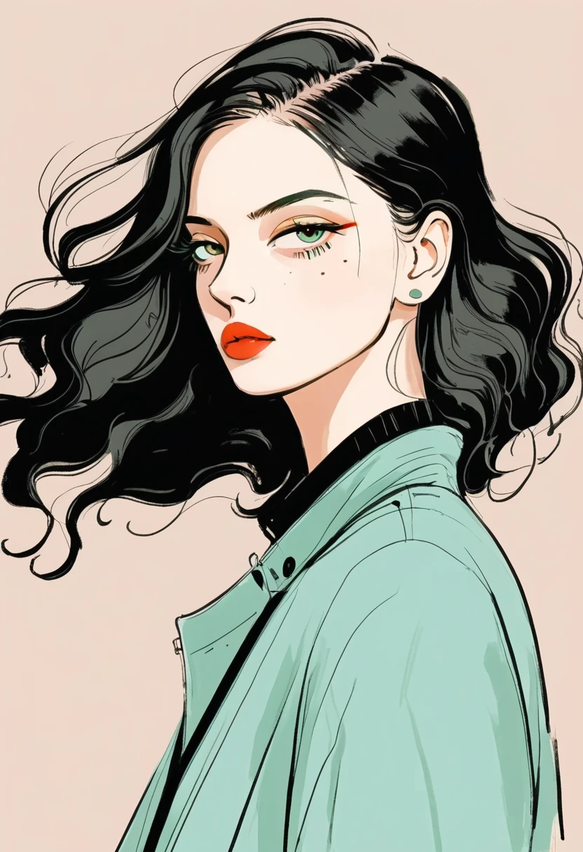 Fashion Design Sketch:Illustration of lady, in style of Digital Illustration, Trending on artstration,Solitary , Digital drawing, Portrait of Loepfe, Fine Hair, Black Lines,Illustration style, Digital Illustration, Color Sketch, watercolor Illustration style,