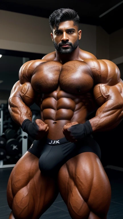 40 years old Desi mascular dark skin jaat with huge wide muscular shoulders, wide chest, abs, masculine wide triceps, arms, biceps, big masculine legs, wide thighs, calfs, black-haired, hair falls on your face, Mesmerizing brown eyes, andrew christian underwear, gloves in hand, in gym, hand on bulge