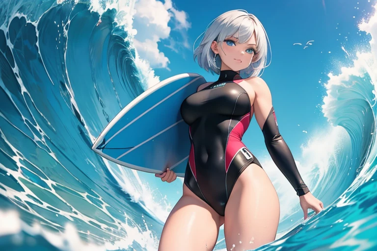 A woman with silver bob hair and blue eyes, (She is looking down), extremely detailed and realistic, masterpiece quality, ultra-detailed, HDR, vivid colors, physically-based rendering, thick thighs, (scornful grin), she is a surffer, long thick muscular thighs, wearing wet suit, sun, sea, (she is riding a big wave while surfing), (she is a surfer), (she is standing on the surfboard), she grips no surfboard, 1surfboard