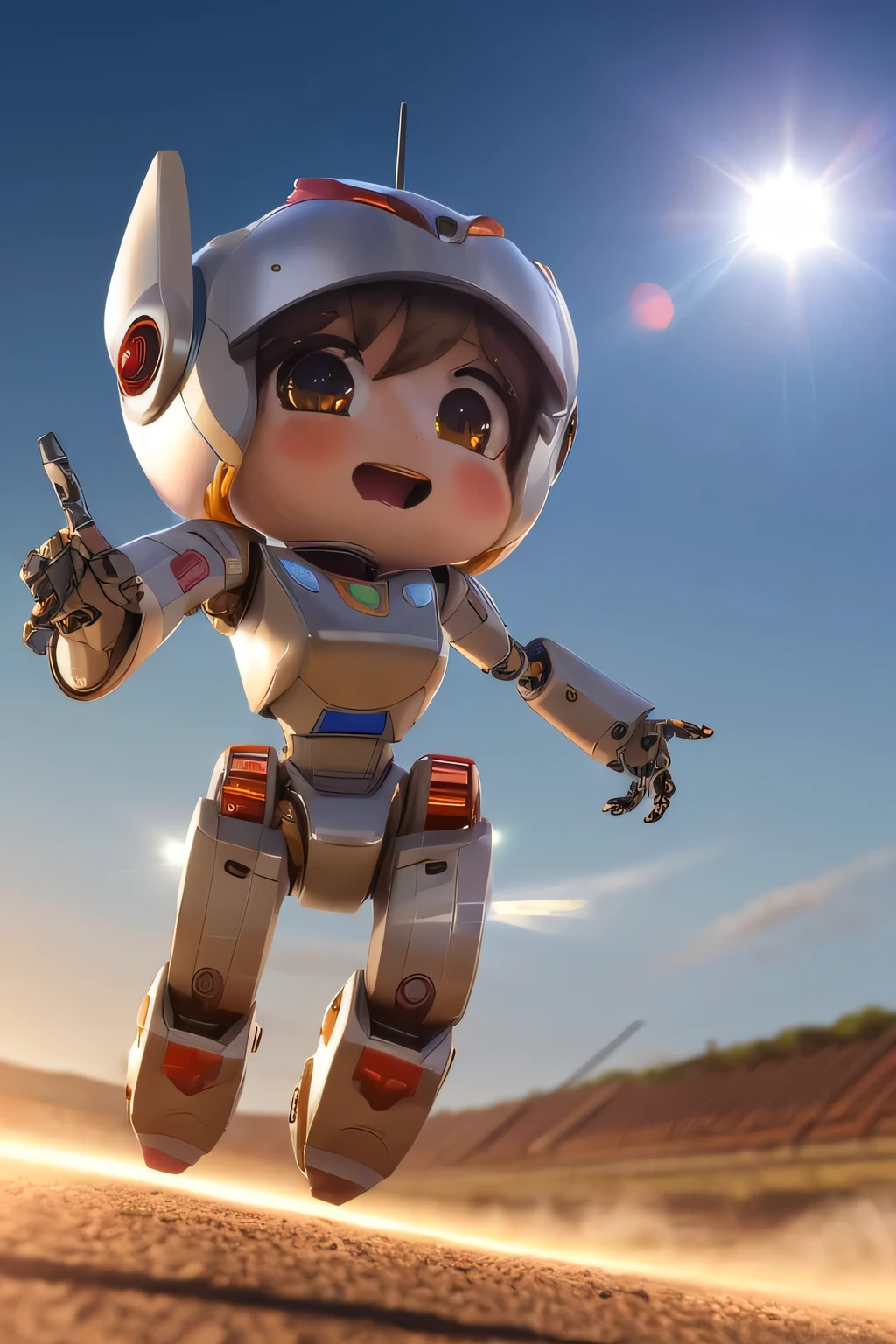 masterpiece, best quality, ultra-detailed, illustration,volumetric lighting, lens flare, racing2014, (robot :1.2), cute face, (metal skin:1.1)