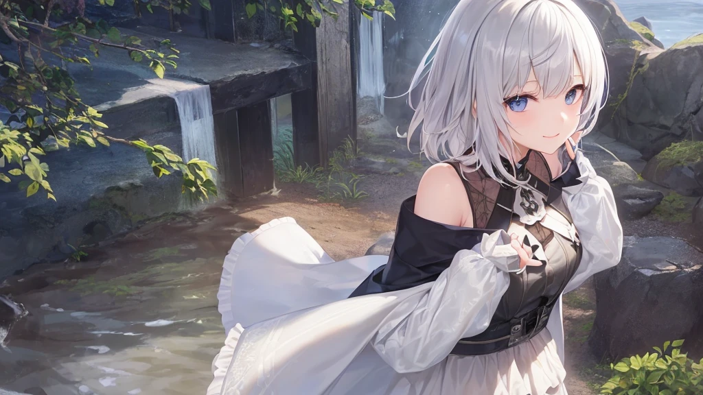 Ultra HD,Look at the viewers, Put your hands behind your back, With a girl, 20-year-old, 非常にShort Hair, Long bangs between the eyes, Pale blue eyes, Very detailed,(masterpiece、Highest quality),Gray Hair、Laughter、Fantastic, Silver Hair, Iris, Short hair、 Fluttering Hair、Small Face、明るいsmile、(Detailed face) ,Professional Lighting,Wonderful landscape,blue sky, sunlight,Looking down from above,Portraiture、Open your mouth、Flower Field、Her eyes were shining、Mysterious and enchanting atmosphere。With AI Painting、とてもShort Hair, Long bangs between the eyes, Very detailed,(masterpiece、Highest quality)、alone、Gray Hair、Fantasy, Silver Hair, Fantasyな風景、smile、Open your mouth、short hair、Short Hair、hairpin、black eye、Grey Eyes、Beautiful Eyes、Black Shirt、White hoodie