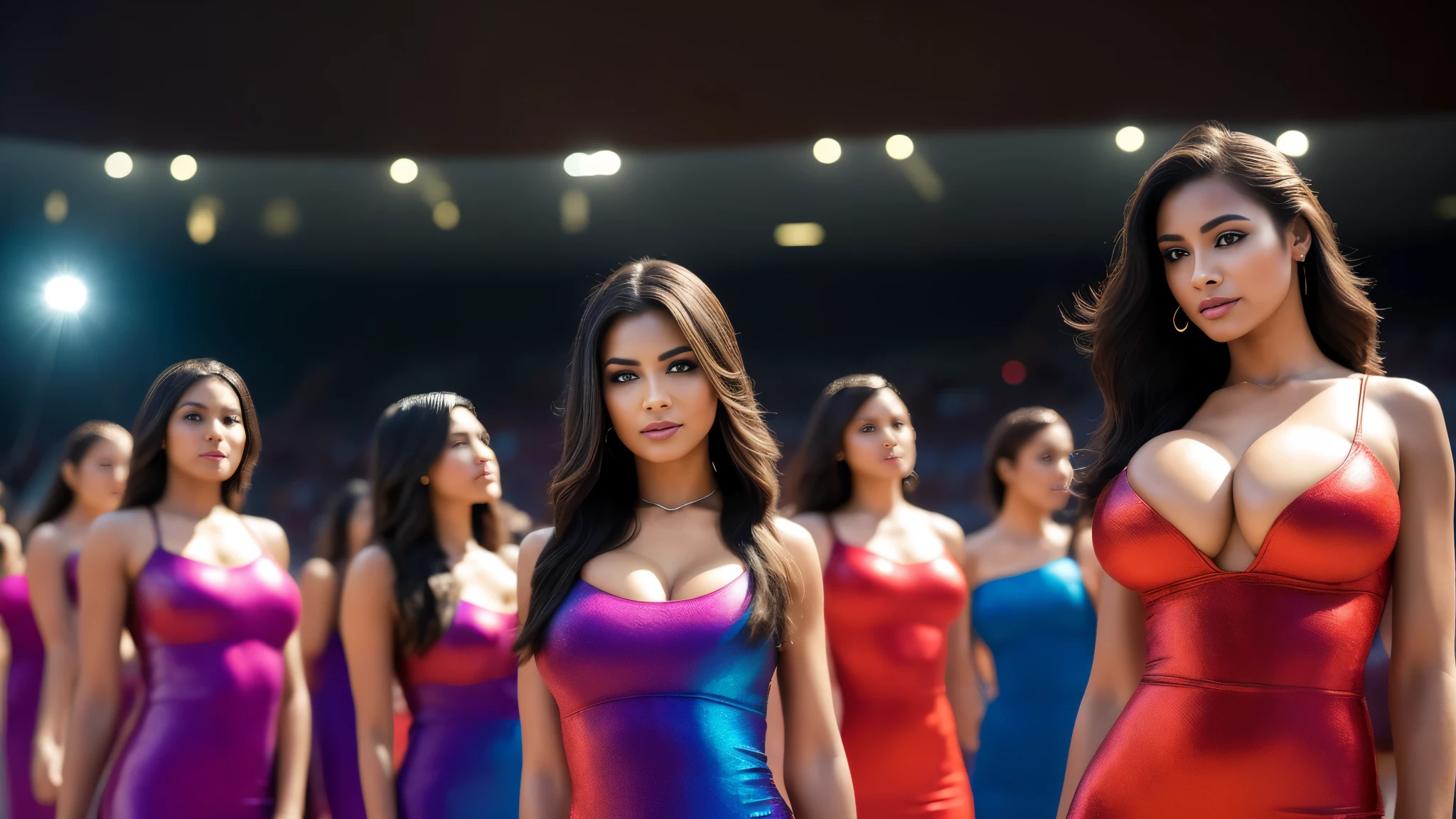 REALISTIC VISION 1.4 BETTER VAE, three young Latina women, 18 years old, (big breasts:1.2), with short tousled hair, (inside an olympic arena in the crowd:1.3), (short colorful dress:1.3), (smile:1.1), (kissing:1.2), choker, (black eyeshadow:1.2), (pink lips:0.95),Paris 8K, sharp focus, good exposure, night, ISO 1000, 1/250s, natural light, Adobe Lightroom, photo lab, Affinity Photo, Ultra Realistic, Photorealism, Photography, 8K UHD, Photo, HDR, Complex and Elegant, Highly Detailed, Sharp Focus, Stunning, Beautiful, Gorgeous), (Masterpiece: 1.2, Best Quality 1:1, Ultra Detail: 1.2, Best Shadows, 8k: 1.1), (beautiful detailed face), high contrast, (perfect lighting: 1.2), (cinematic light)), colorful, hyper-detail, dramatic light, intricate detail, photograph by arny freytag