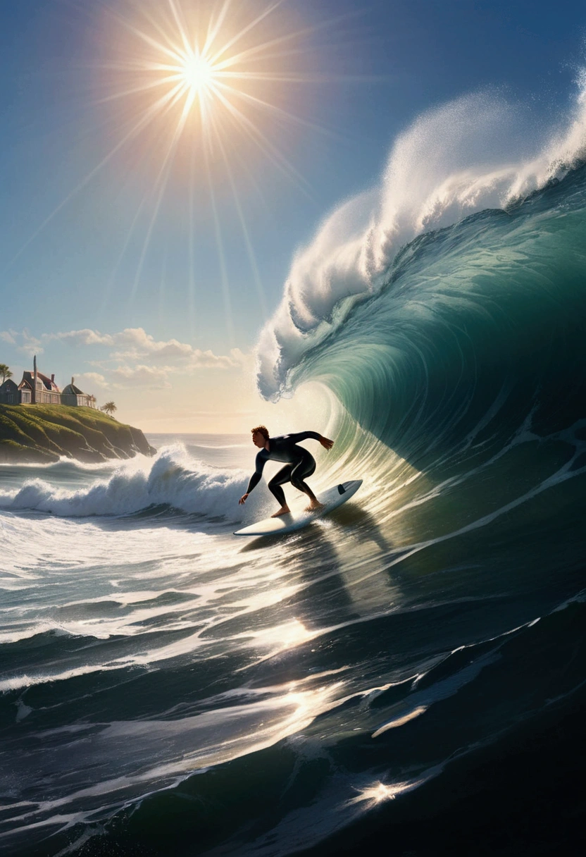 Surfing Surfer on surfboard, high waves, sunlight, by Abraham Pether, full body, cinematic still, (best quality, masterpiece, photorealistic), very aesthetic, perfect composition, intricate details, ultra-detailed, vivid colors