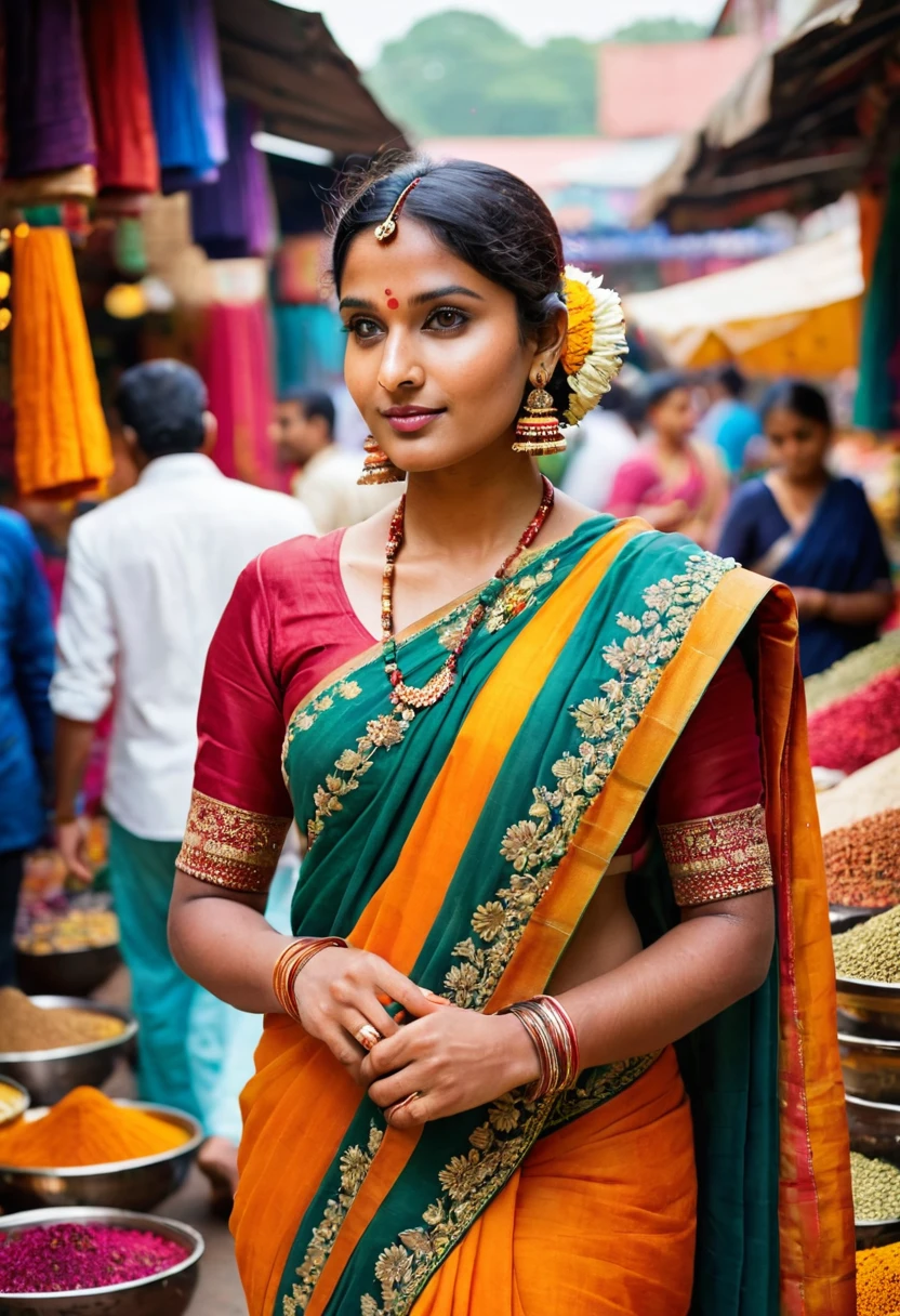 /imagine prompt: 25 years old Indian lady in classic attire, wearing a traditional saree with intricate embroidery and vibrant colors, standing in a bustling marketplace with stalls filled with spices and textiles, capturing the lively and energetic atmosphere with a touch of cultural richness, photography, shot with a Canon EOS R5 with a 50mm f/1.2 lens, --ar 16:9 --v 5