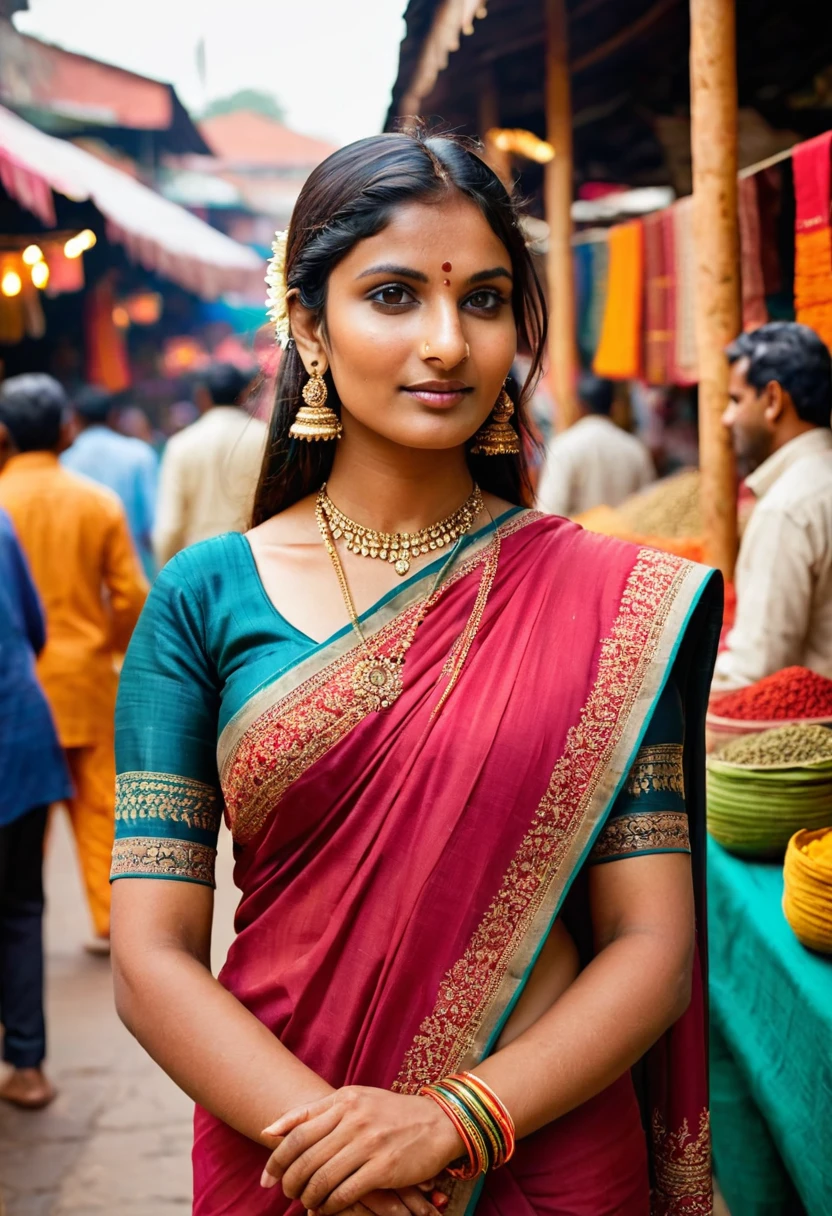/imagine prompt: 25 years old Indian lady in classic attire, wearing a traditional saree with intricate embroidery and vibrant colors, standing in a bustling marketplace with stalls filled with spices and textiles, capturing the lively and energetic atmosphere with a touch of cultural richness, photography, shot with a Canon EOS R5 with a 50mm f/1.2 lens, --ar 16:9 --v 5