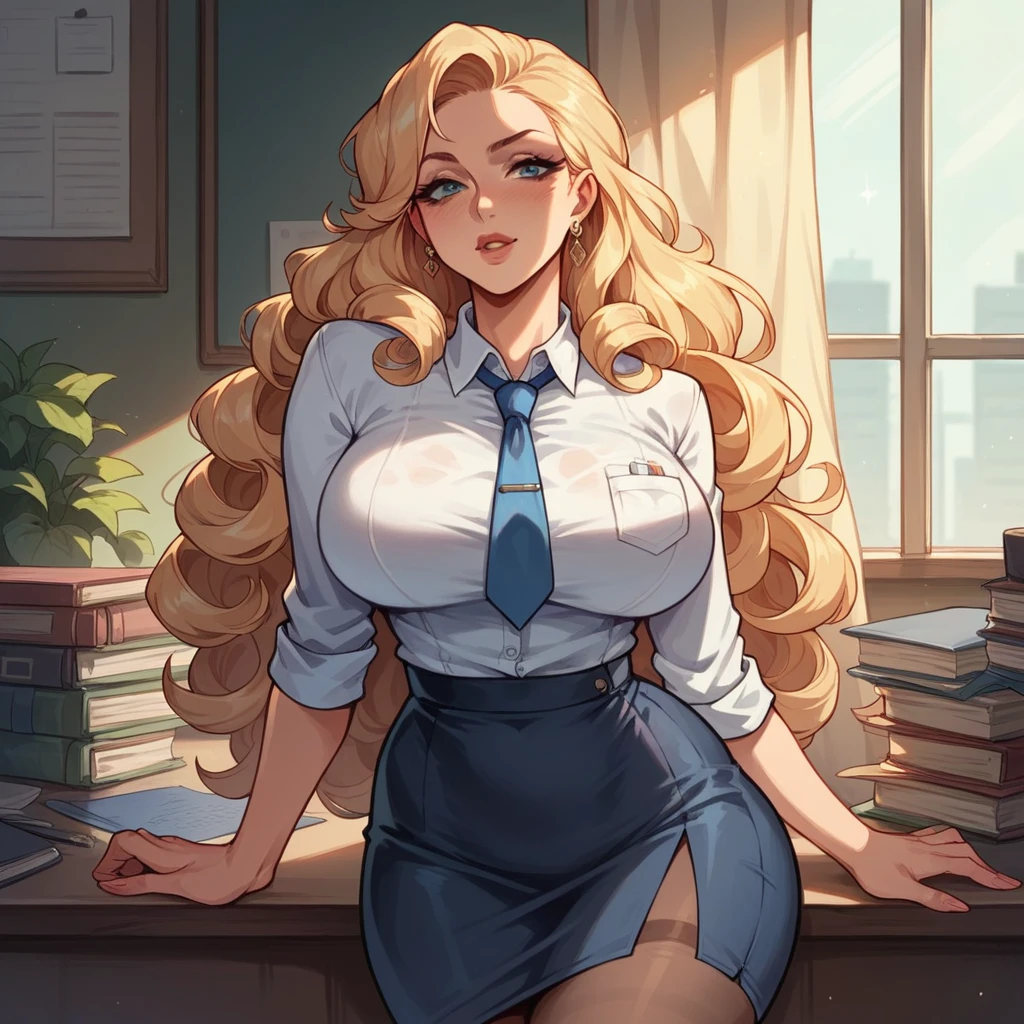 Beautiful woman 25 years old, not very high, long curly light blonde hair, Thin waist, big tits, well-shaped and large hips. She is in a secretary uniform and tie., she starts to undress, Office