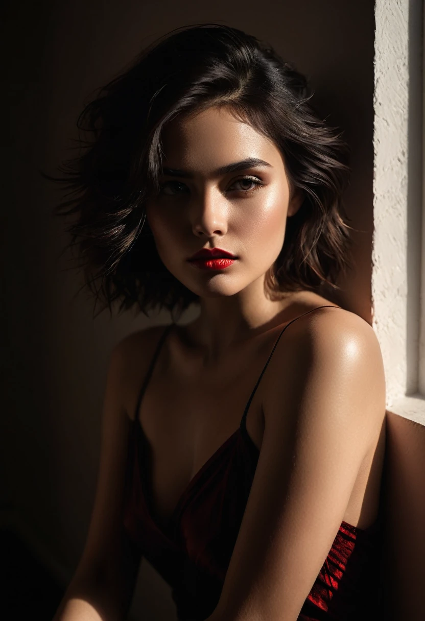 woman bathed in soft light, leaning against a wall, looking into the camera in a moment of raw emotion. Her attire is minimal, accentuating her beauty with the dramatic shadows cast by the lighting. The background is stark, with sharp contrasts highlighting the contours of her form. The red and black palette intensifies the mood, evoking a sense of mystery and allure. Subtle film grain and meticulous shading add depth and texture, emphasizing the emotional gravity of the scene. The lighting creates a chiaroscuro effect, accentuating her expressive pose and the intense atmosphere.