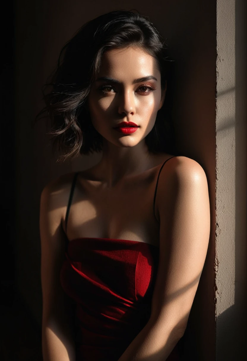 woman bathed in soft light, leaning against a wall, looking into the camera in a moment of raw emotion. Her attire is minimal, accentuating her beauty with the dramatic shadows cast by the lighting. The background is stark, with sharp contrasts highlighting the contours of her form. The red and black palette intensifies the mood, evoking a sense of mystery and allure. Subtle film grain and meticulous shading add depth and texture, emphasizing the emotional gravity of the scene. The lighting creates a chiaroscuro effect, accentuating her expressive pose and the intense atmosphere.
