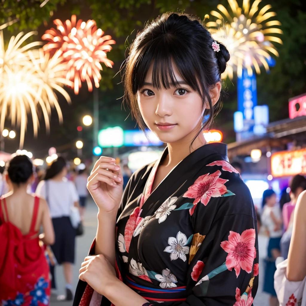 Summer festival、20-year-old girl、Black Hair、yukata、Updo、firework、