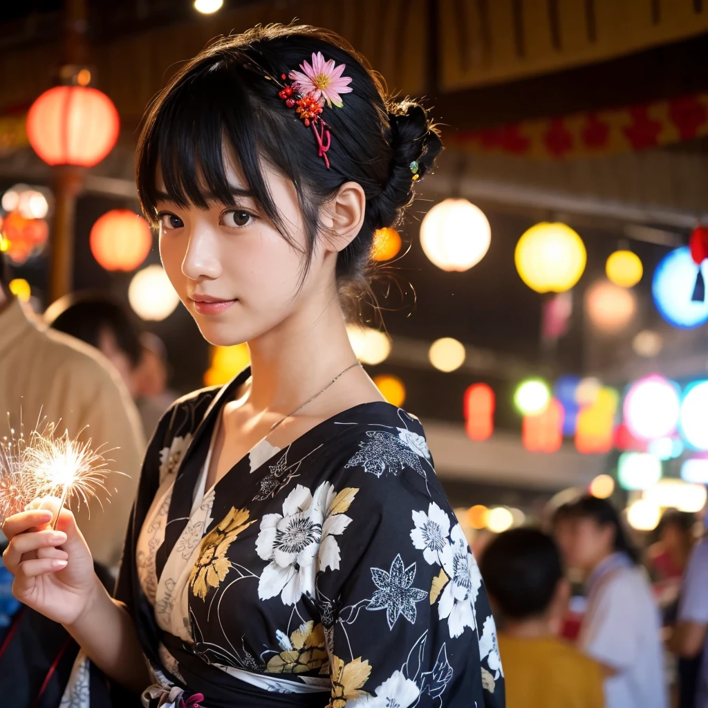 Summer festival、20-year-old girl、Black Hair、yukata、Updo、firework、
