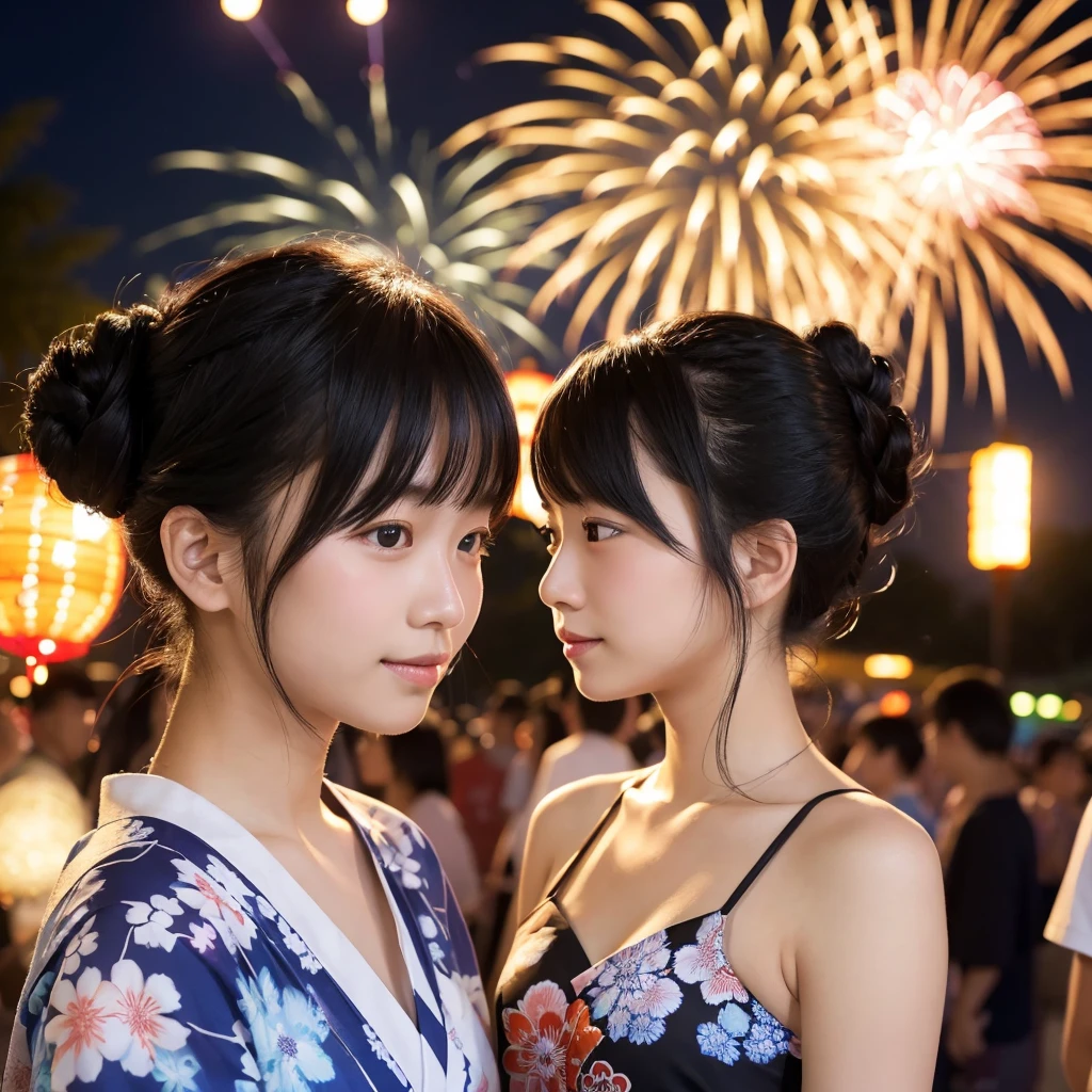 (2 Japan girls in yukata: 1.4), sweaty 4k, smile, whole body, open mouth, (yukata: 1.4), loli Japan posing for two, Japan loli wearing yukata, fireworks display, date for two, mini yukata opened, mini yukata about to be taken off, fireworks display by the lake, sensual pose, ((translucent body, smooth translucent white skin: 1.2)),, op tro potion, Sakimi-chan HDRI, Background Bokeh, Background Gradient, Black-Haired Japan, (Photorealistic: 1.4), (8k, RAW Photo: 1.2), (HDR: 1.2), (Shallow Focus: 1.4), (Sharp Focus: 1.4), ((A Girl Has Her Breasts Grabbed by a Girl:1.4)),(Firework Cascade:1.4)