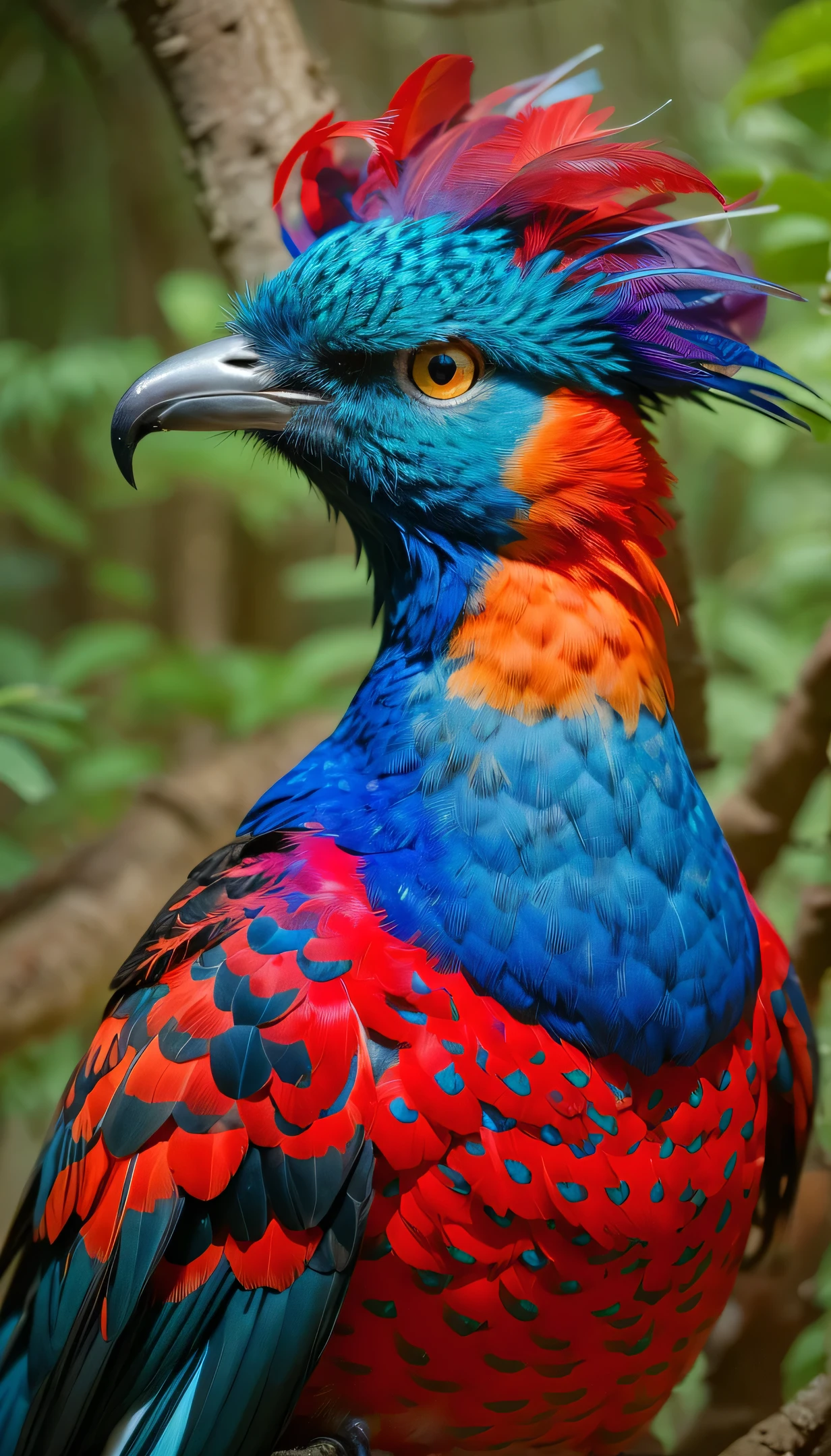 In the golden light of dawn, a striking avian protagonist perches on a gnarled branch. The camera captures its velvety charcoal feathers, highlighted by explosive bursts of ruby on its head and neck. The bird’s body is a canvas of dynamic polka dots in lime green, cobalt, and pink, contrasted by its flowing ruby tail that sways gently in the breeze. Its fiery turquoise eyes convey a story of resilience, framed against a blurred backdrop of the awakening forest.