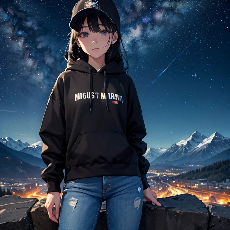 ((best quality)), ((masterpiece)), (detailed), 1 girl , black hoodie , black cap , standing position , facing backward , starry night background , mountain background , night time , jeans , cap covering the face