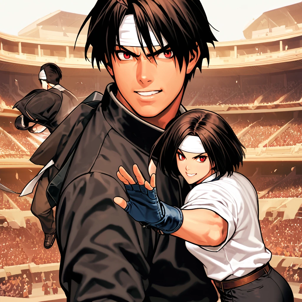 masterpiece、2 people、fight前の男女、One to One、最high resolution、8k、With a grin、Fighting Pose、fight: 1.5,(Kyo Kusanagi), Man has black skin、Red eyes、One person、((White headband))ツーshot、Black jacket(Roll up your sleeves)、Fingerless gloves、Black Hair、White T-shirt、Black pants、White shoes、Brown belt、boyish、good looking、shot、Charming、masterpiece、high resolution、Detailed face、granular、morning、A confident smile、Fighting man and woman with the Arles amphitheatre in the background、much-air-laden cheer、Same hair、Same hairと服、Angry face: 1.Attack Speed 5, Fast Attack, Angry face, Angry face