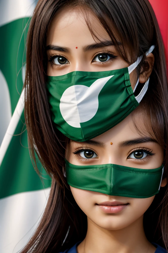 A photograph of anime girl, mask, 20 yo,, detailed face, looking at camera, portrait, 8k uhd, high quality and holding Bangladesh national flag