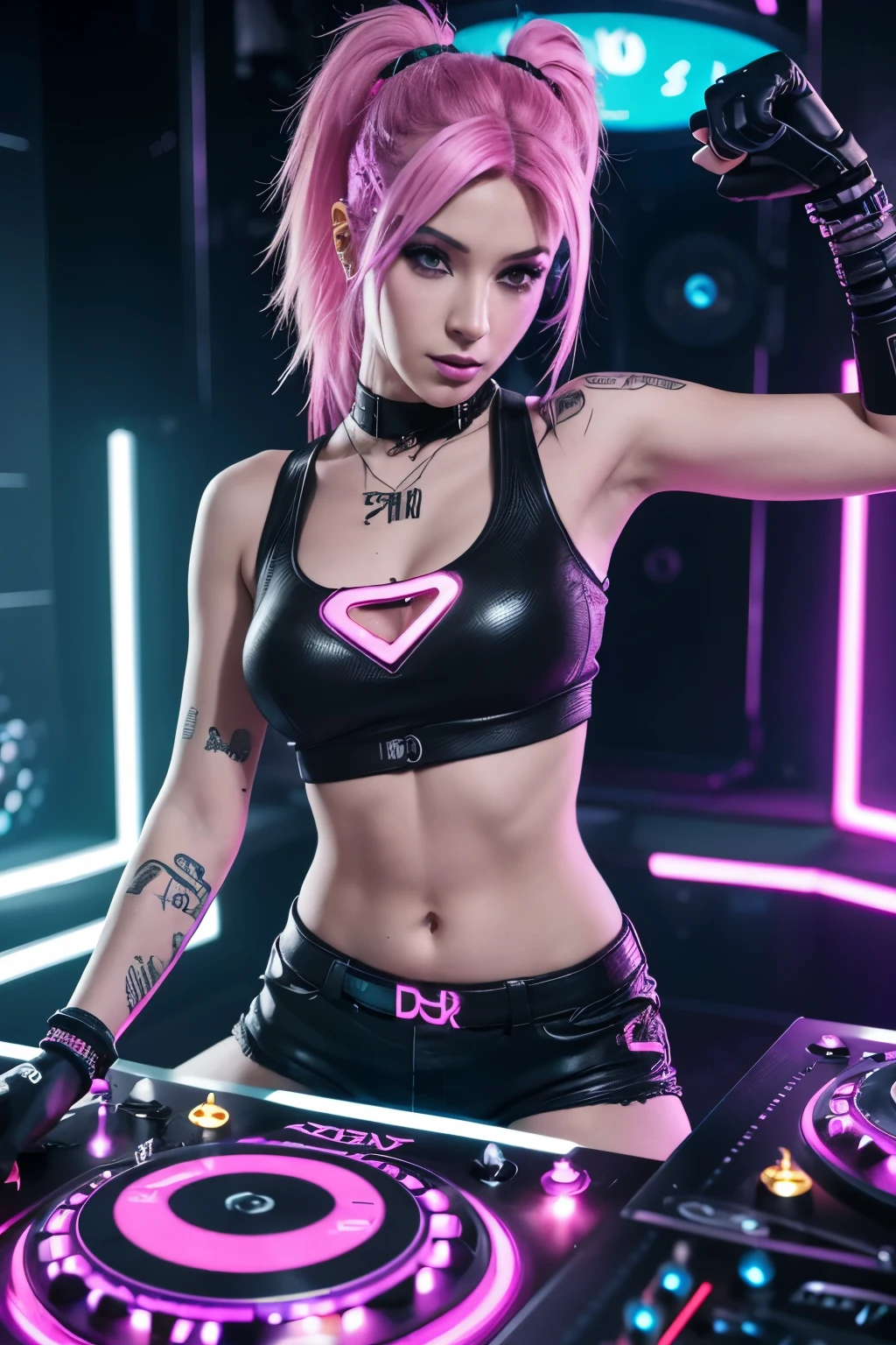 arafed woman in a black top and shorts, pink hair, playing a game of dj, cyber punk setting, raver girl, rave girl, dj rave party, dj at a nightclub dancing inspired, playing techno house music, turntablism dj scratching, cyberpunk 20 y. o model girl, rave outfit, fanart