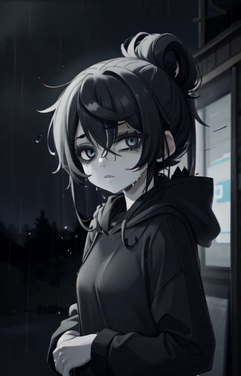 HoodieGirl, best quality, masterpiece, 1girl, black hair, pale skin, hair bun, upper body, (black hoodie), symbiote hoodie, symbiote teeth, expressionless, looking at viewer, outdoors, rain, raining, night, wet, looking at viewer