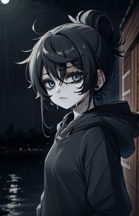 HoodieGirl, best quality, masterpiece, 1girl, black hair, pale skin, hair bun, upper body, (black hoodie), symbiote hoodie, symbiote teeth, expressionless, looking at viewer, outdoors, rain, raining, night, wet, looking at viewer