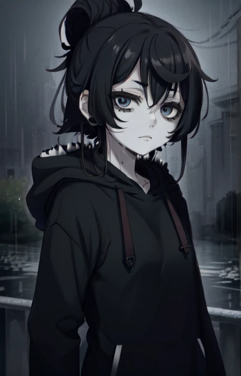 HoodieGirl, best quality, masterpiece, 1girl, black hair, pale skin, hair bun, upper body, (black hoodie), symbiote hoodie, symbiote teeth, expressionless, looking at viewer, outdoors, rain, raining, night, wet, looking at viewer