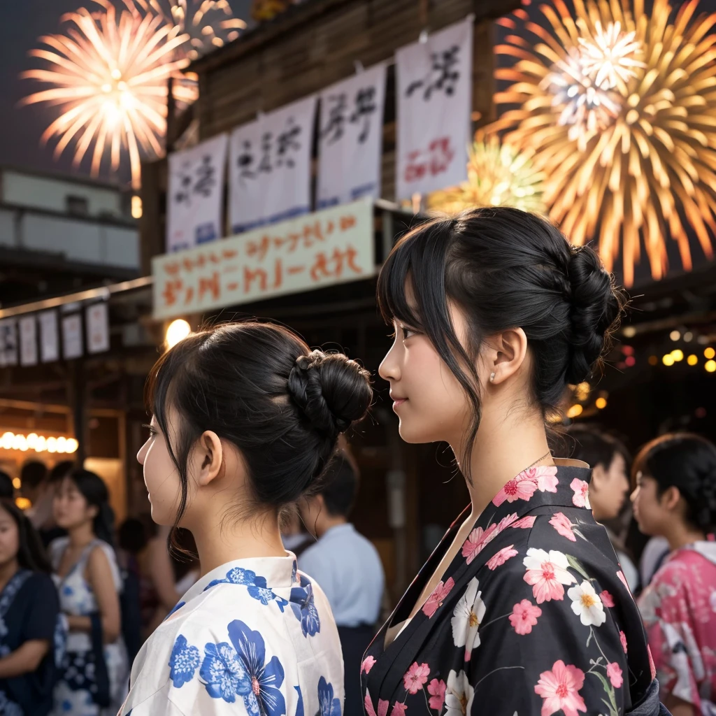 Summer festival、A 20-year-old girl、Black Hair、yukata、Updo、firework、Facing forward