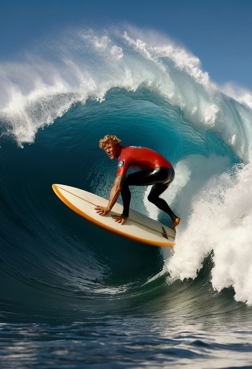 Surfing Surfer on surfboard, high waves, by W. Heath Robinson, full body, cinematic still, (best quality, masterpiece, photorealistic), very aesthetic, perfect composition, intricate details, ultra-detailed, vivid colors