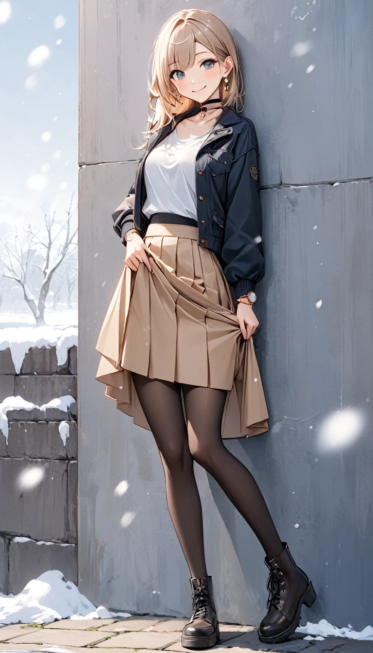 Highest quality, wonderful_delicate, beautiful, 8k, Jacket, Earrings, choker, concept,whole body,Smile,A happy smile,Leaning against a wall,Watch the viewer with a sideways glance,skirt,(((skirt lift,skirtをたくし上げる,skirtをたくし上げてパンティを見せる))),Black Pantyhose,Knee-high boots,winter,Snow is falling