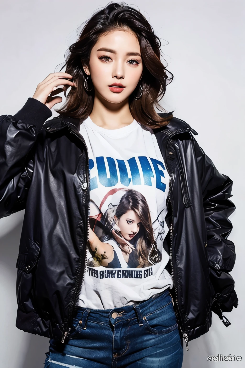 19-year-old female、Her hair color is brunette、Eye color is blue、Long Hair、Apply eyeshadow and lipstick、A slim but well-proportioned muscular body、Laughter、Huge 、Wearing a jacket、He is wearing a shirt with a logo inside his jacket..、I'Wearing boyfriend denim、I'm wearing high heels、Laughter、I'Standing in front of an old concrete wall with a mural on it.、The sun is shining from above