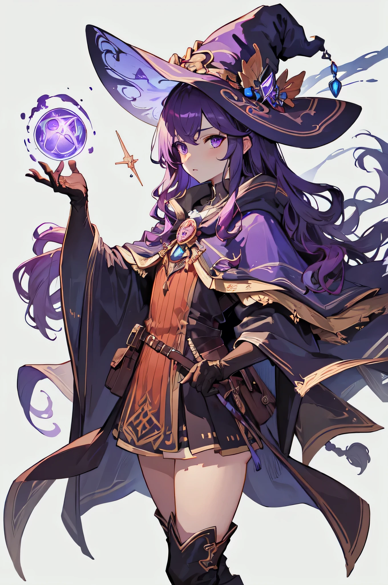 Clear lines,flexist color, Fantasy Class,witch, 1 Girl, Cowboy shooting,Watching_exist_Viewer, Purple Hair,Long hair,Long Wavy Hair, cape,Gloves,skirt,witch hexist,leexisther boots,Black socks, pexistterns,decorexistion, (White background),