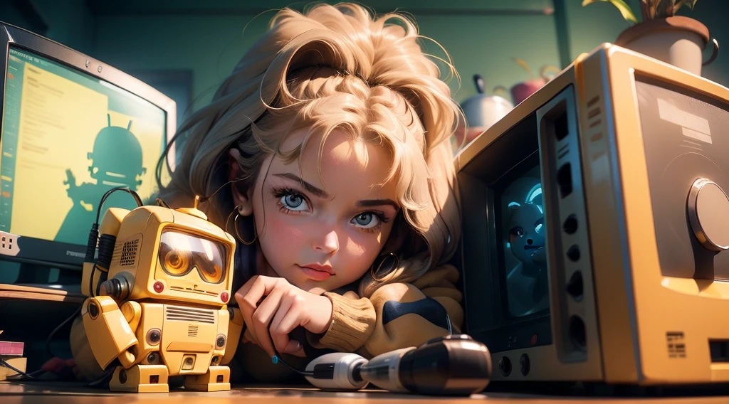 Cute robot with yellow square face looking at computer screen