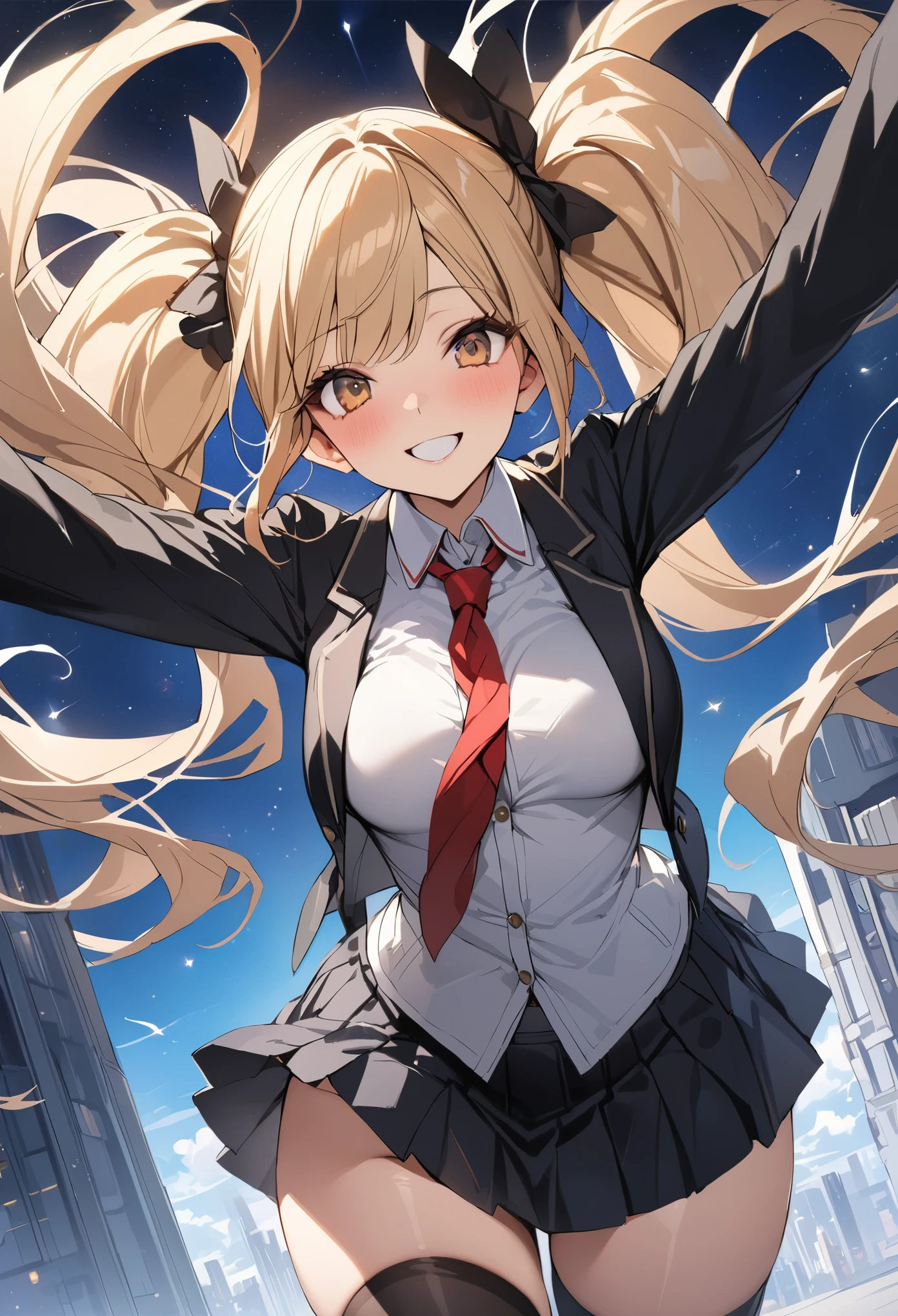 Fantasy art、((masterpiece,best quality anime,Highest quality:1.3)),cowboy shot,(Mature Beauty),Female Wizard、独奏,1woman,((very small head:1.3)),((ideal ratio body proportions:1.2)),blonde hair,high twin tails,straight long hair,bangs,gorgeous eyes,brown eyes,smile,(School uniform、Black blazer jacket、Red tie、Black pleated mini skirt),black_thighhighs,((slender body,skinny)),medium breasts,gleaming skin,shiny skin,(jumping、Fly、fly in the sky),High-rise complex、Starry Sky、Night Sky、Tokyo、A modern magical fantasy world、