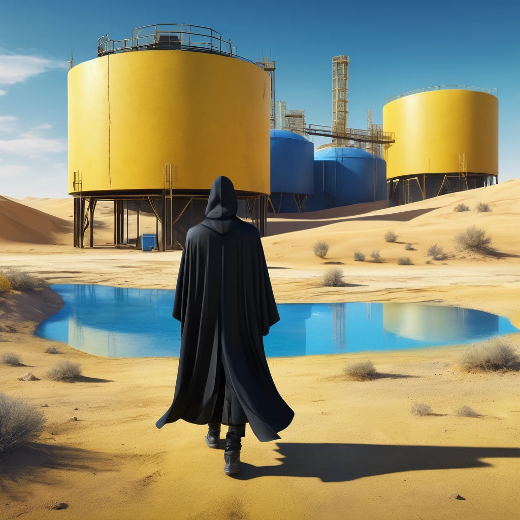 Man in black cape in the desert walking alone, mostly blue tones and small details in yellow, construction, construction site, Building in the background, floor, 8k, 4D, futuristic, water tank in the background, ornate desert, photorealism, abstract impressionism