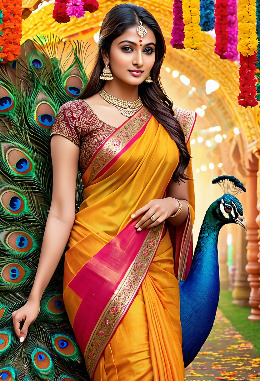 /imagine prompt: 25 years old Indian lady in classic attire, wearing an elegant saree with peacock motifs, walking through a vibrant festival with colorful decorations and traditional music, capturing the joy and festivity of the scene, artwork, mixed media with bold colors and intricate details, --ar 1:1 --v 5