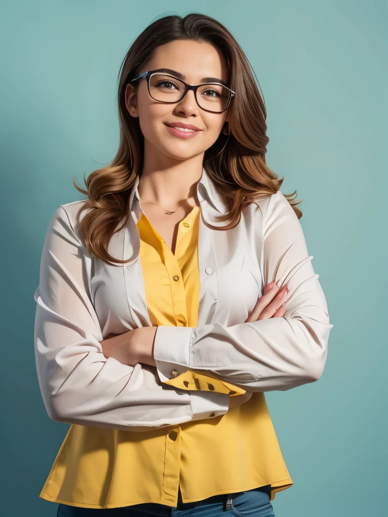 Photo of a smiling, confident businesswoman standing with arms crossed looking away over a ((blue background)), wearing glasses and a yellow blouse. A female entrepreneur concept stock photo in the style of high quality.